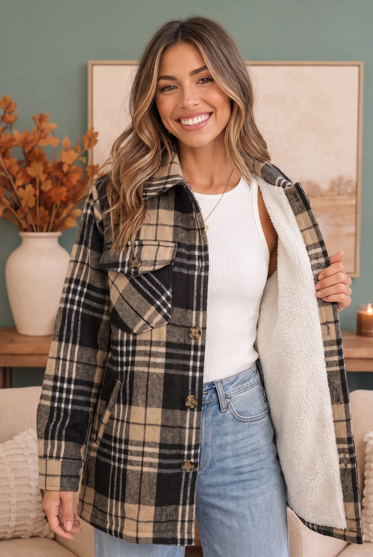 Cozy Plaid Sherpa Lined Shacket in Khaki Black