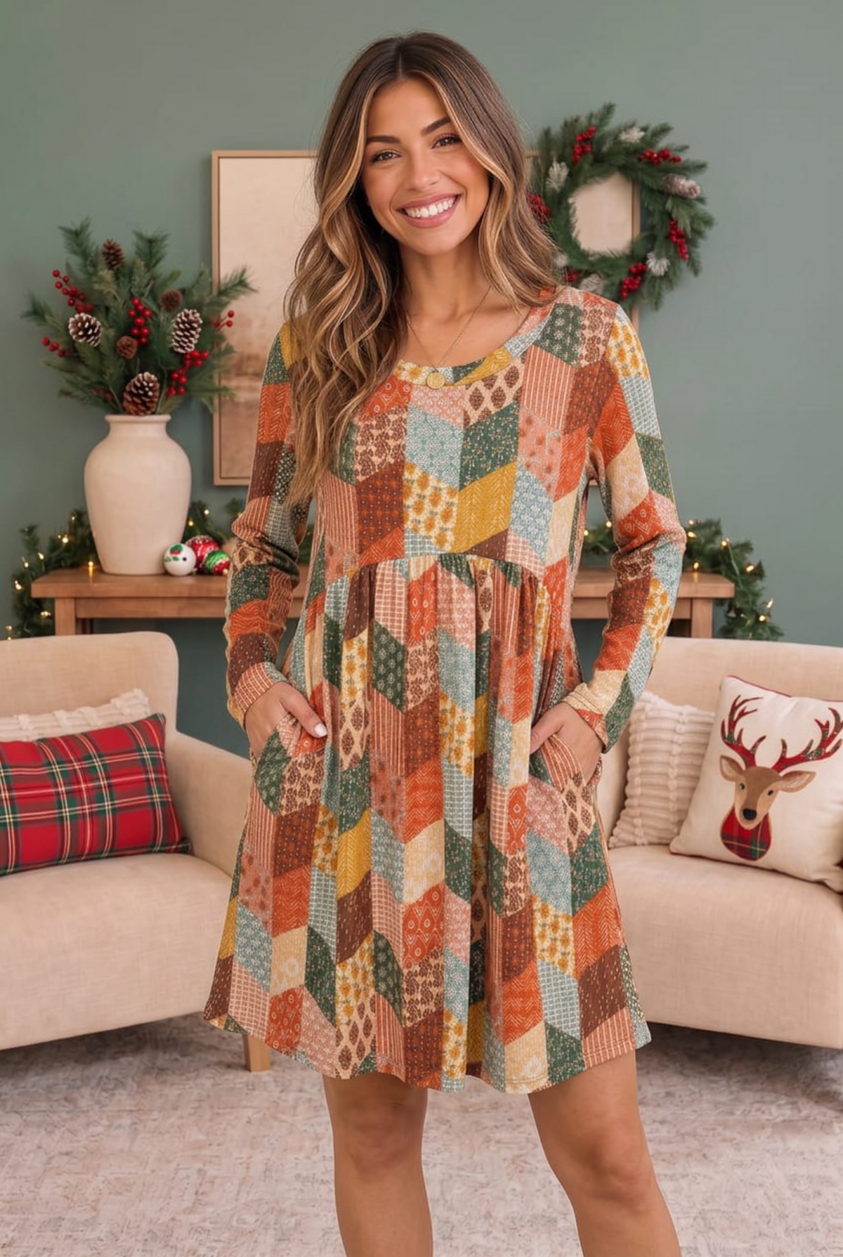 Patchwork Charm Long Sleeve Babydoll Dress