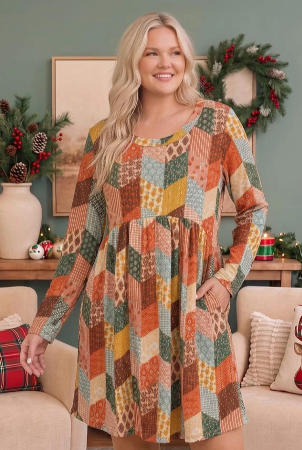 Patchwork Charm Long Sleeve Babydoll Dress