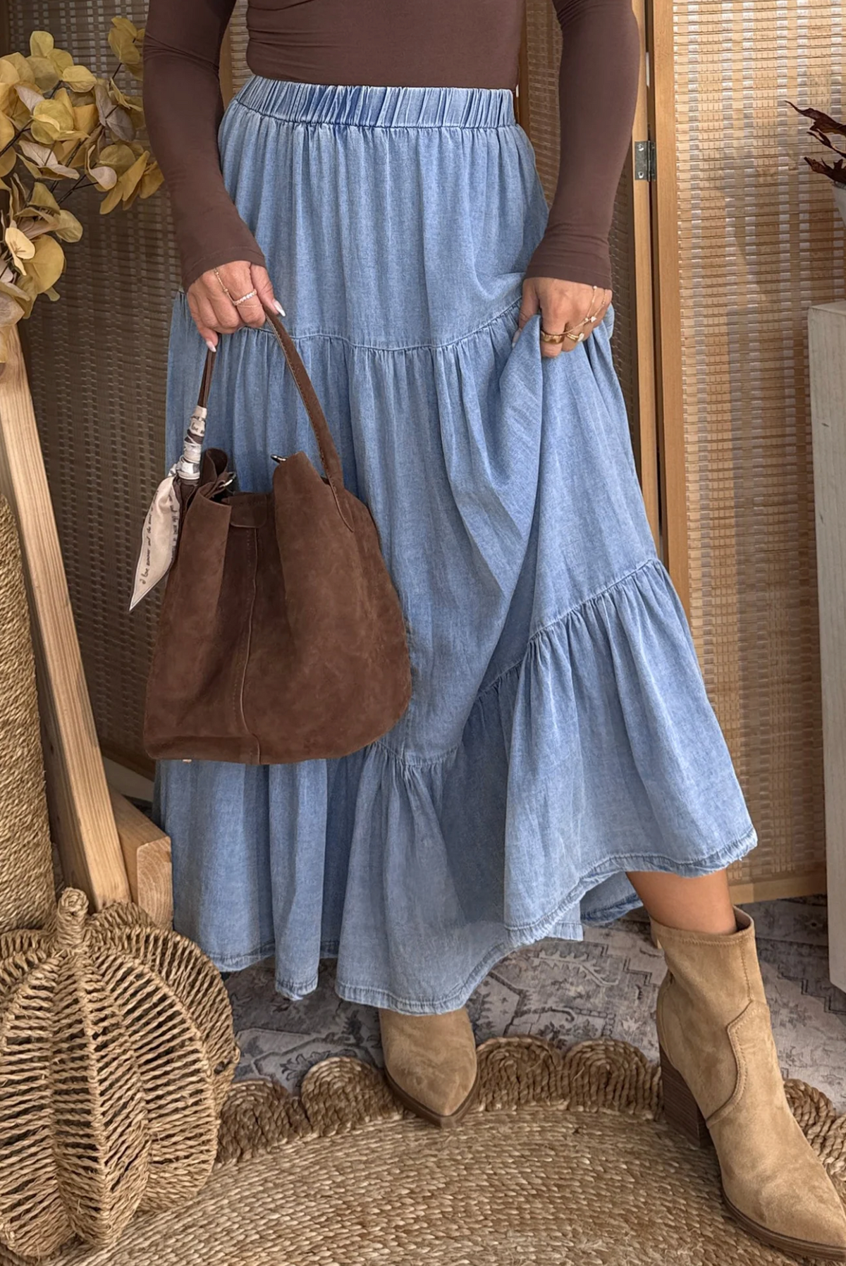Denim Diva Ruffled Tiered Blue Maxi Skirt - SK012BL