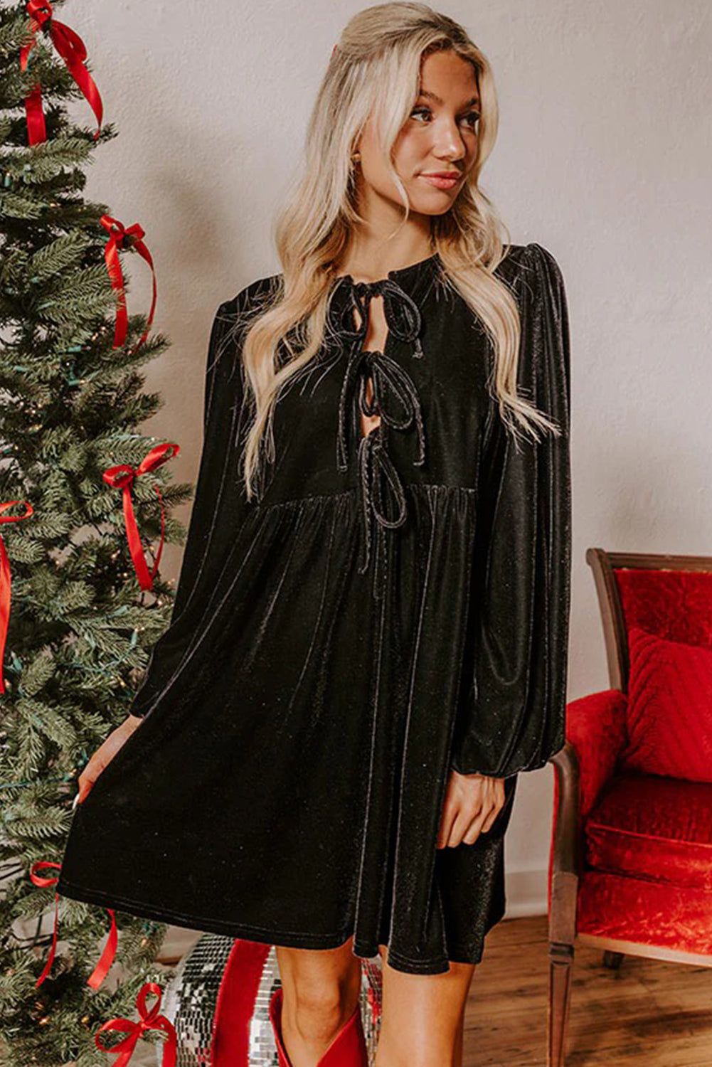 Dress Up Time Velvet Bubble Sleeve Mini Dress