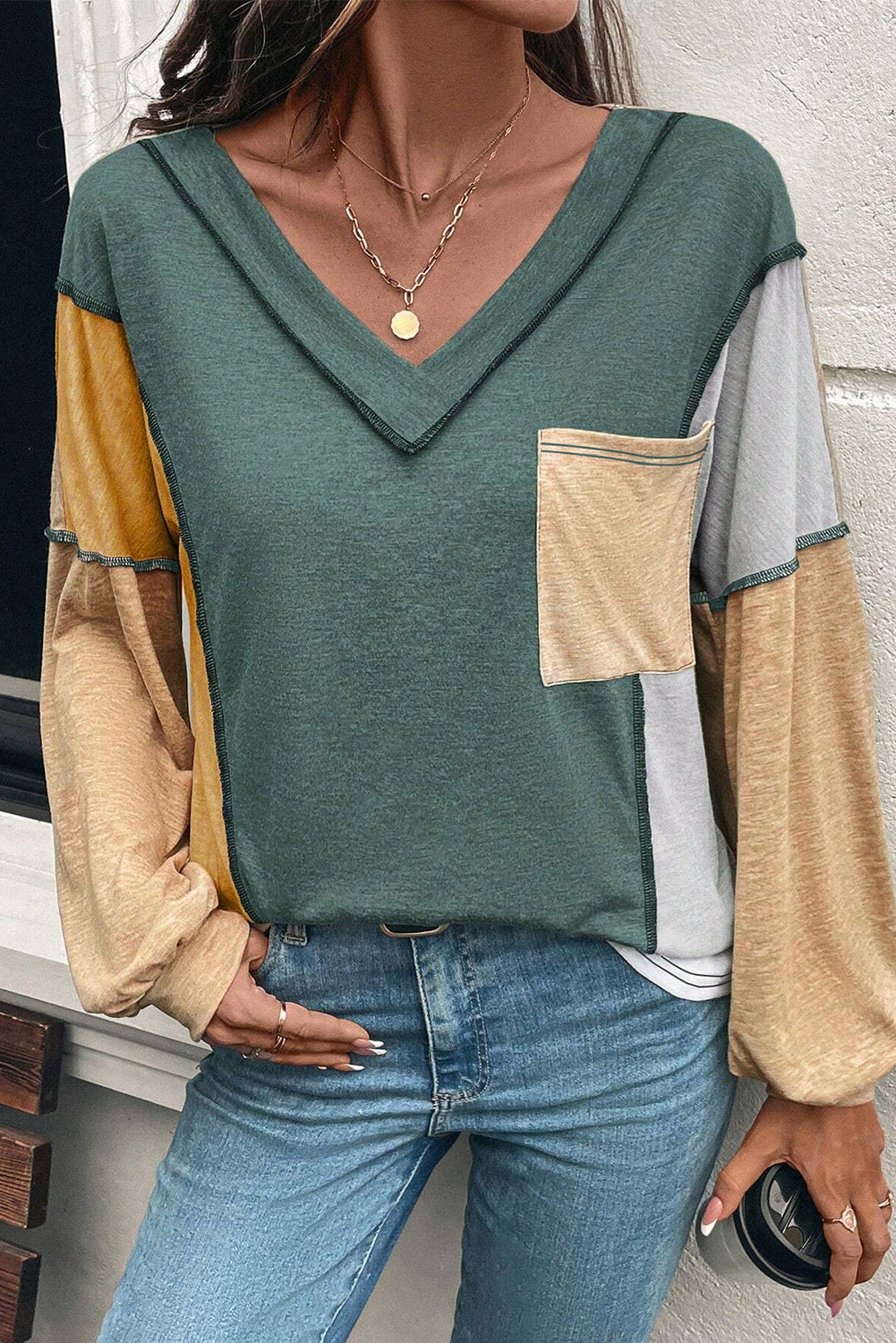 Block Party Clover Colorblock V Neck Top