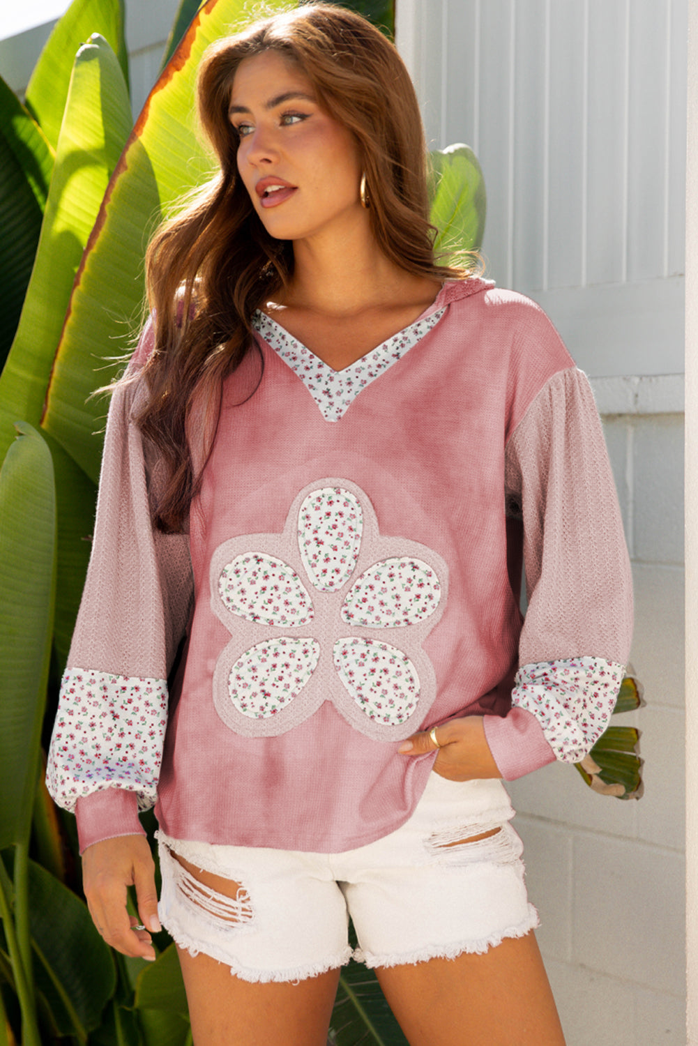 Simply Patched Waffle V Neck Top