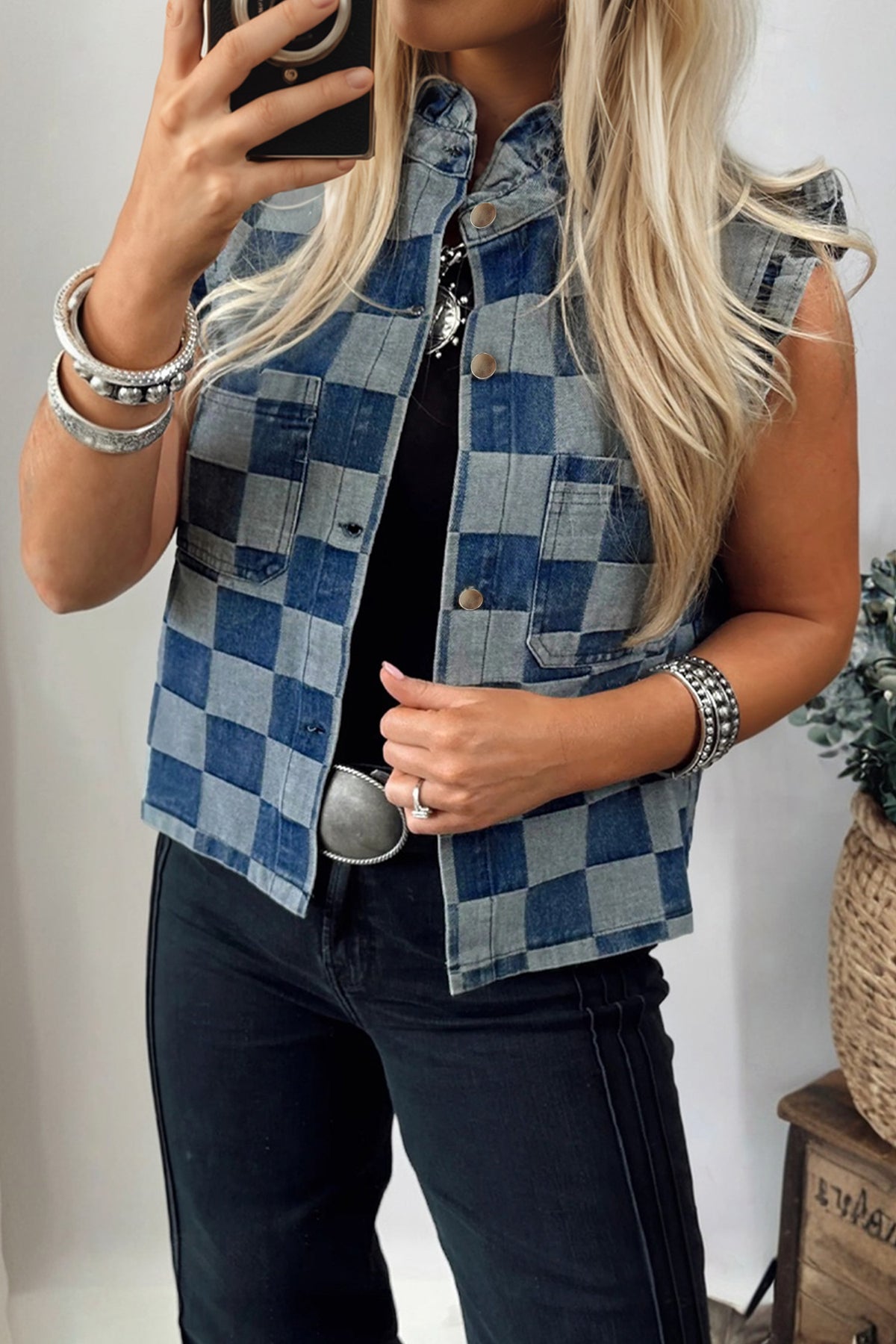 Vibes In Check Denim Vest