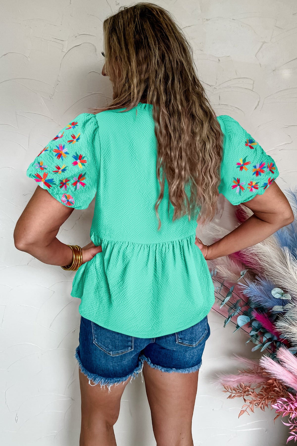 Mint All Day Embroidered Puff Sleeve Textured Top