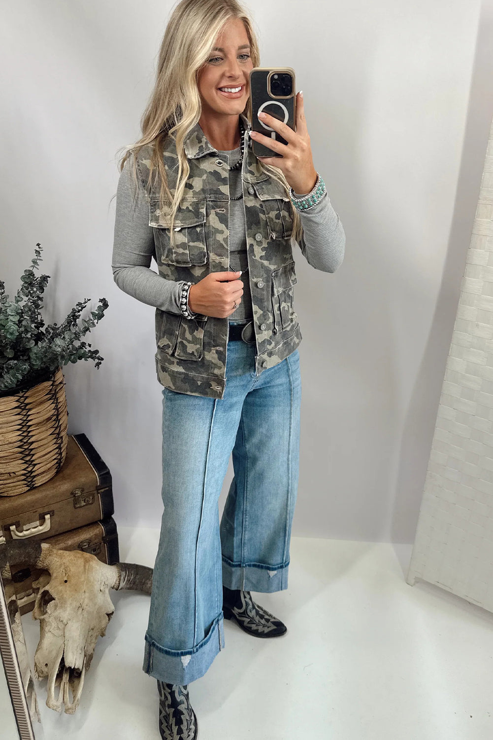 Now you see me Now you Don't -Green Camo Cargo Denim Vest