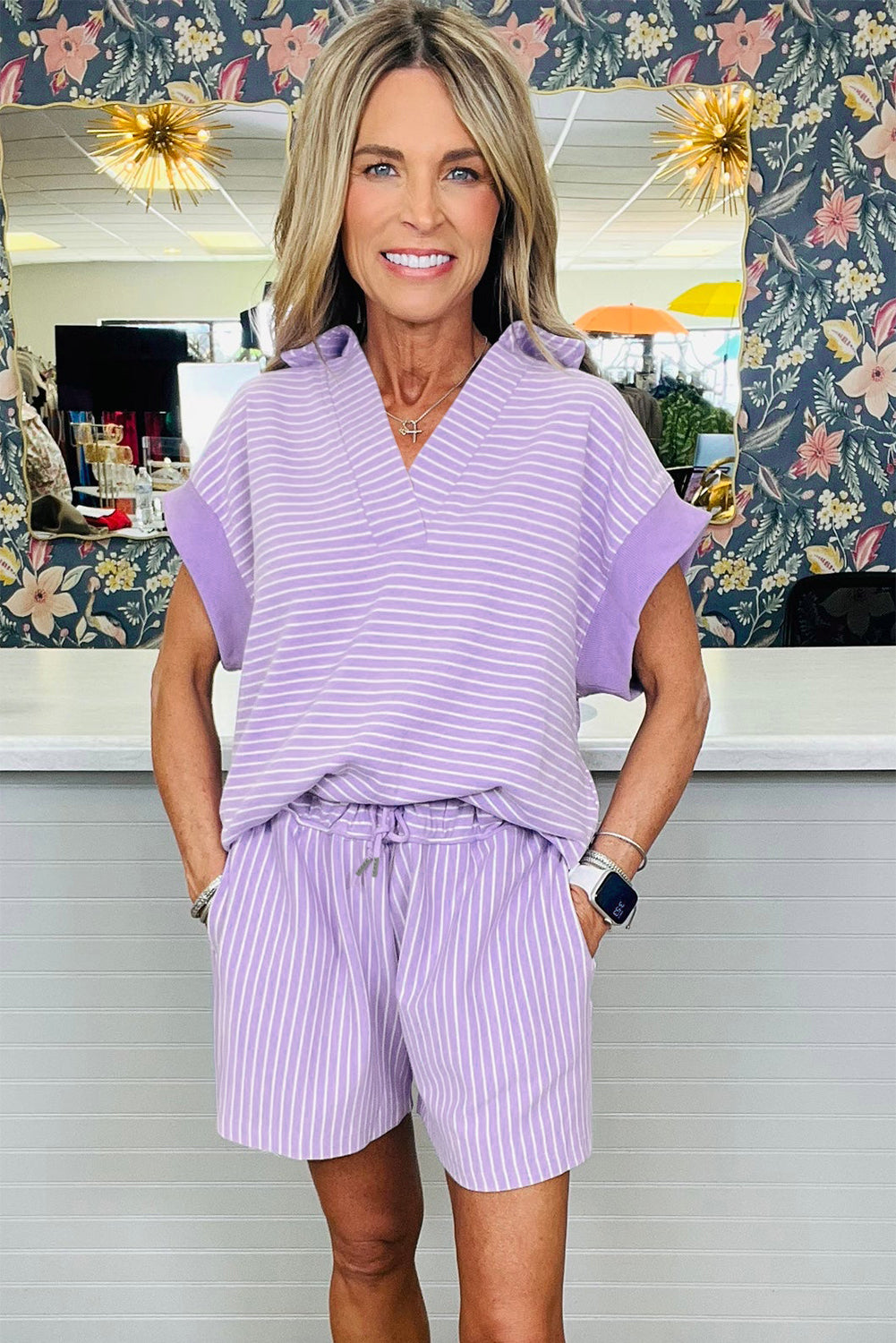 Let's Do This Purple Stripe Top And Shorts Set