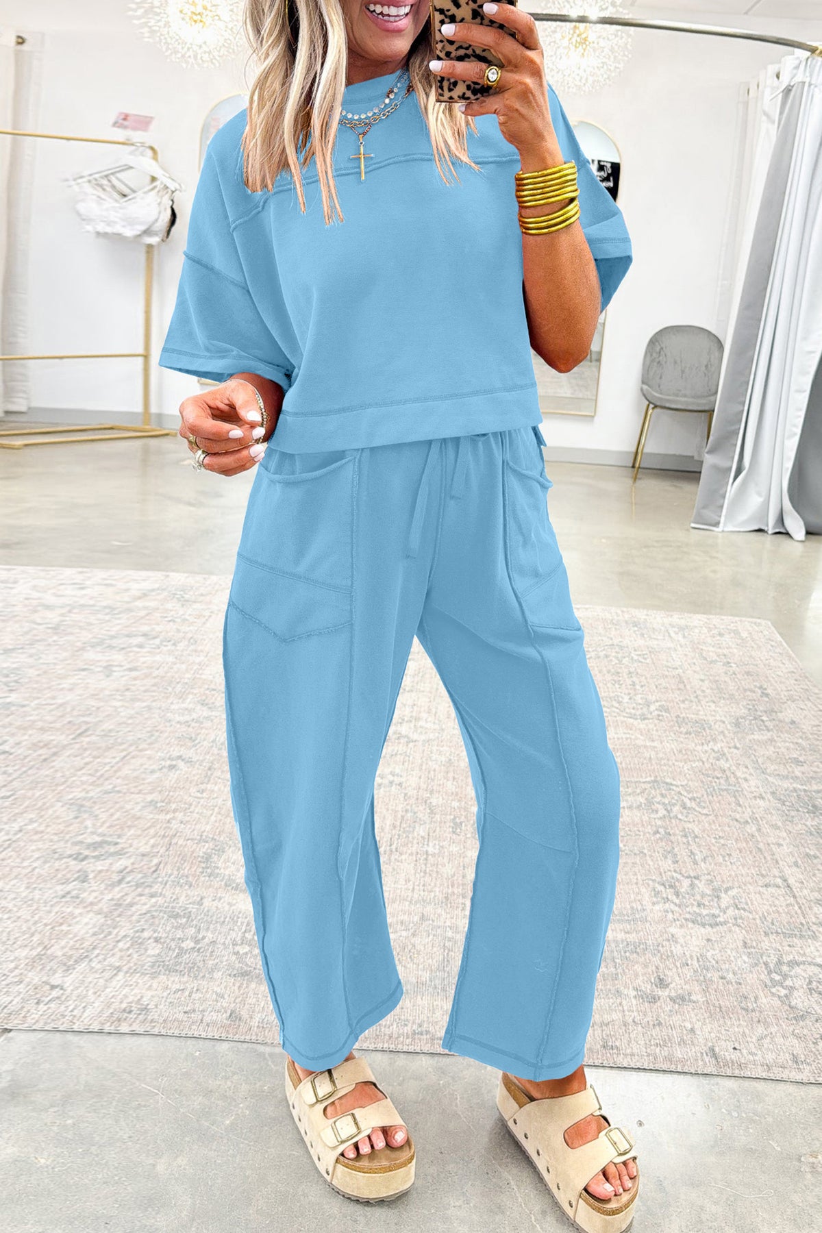Here For It Sky Blue Top and Barrel Pant Set