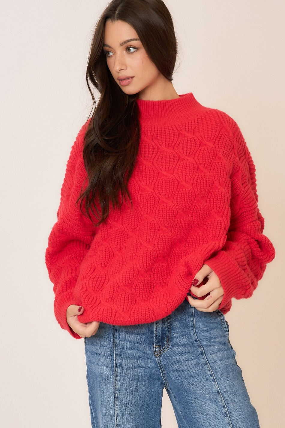 Cozy Up Cable Red Mock Sweater - S001RD