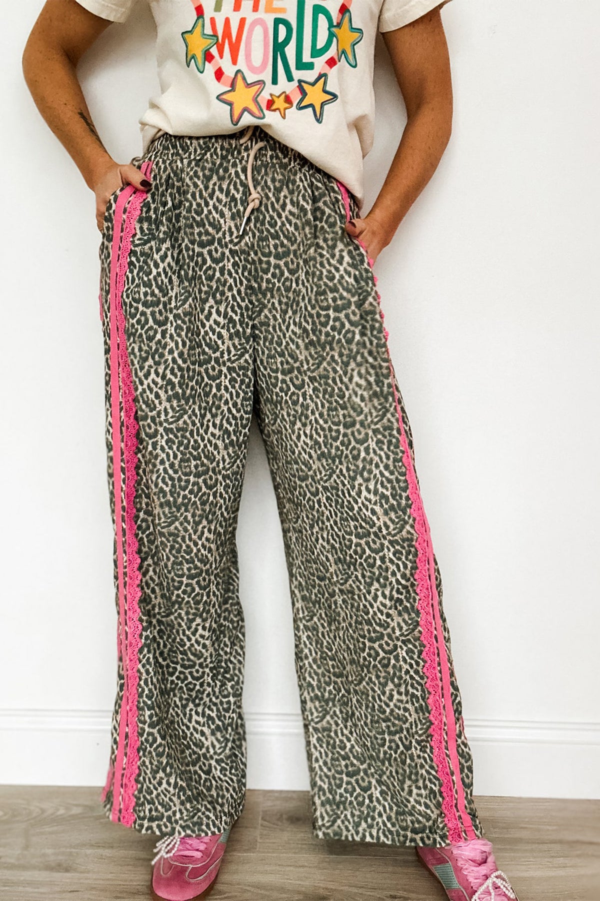 Pretty Fierce Pink Contrast Lace Striped Detail Drawstring Pants