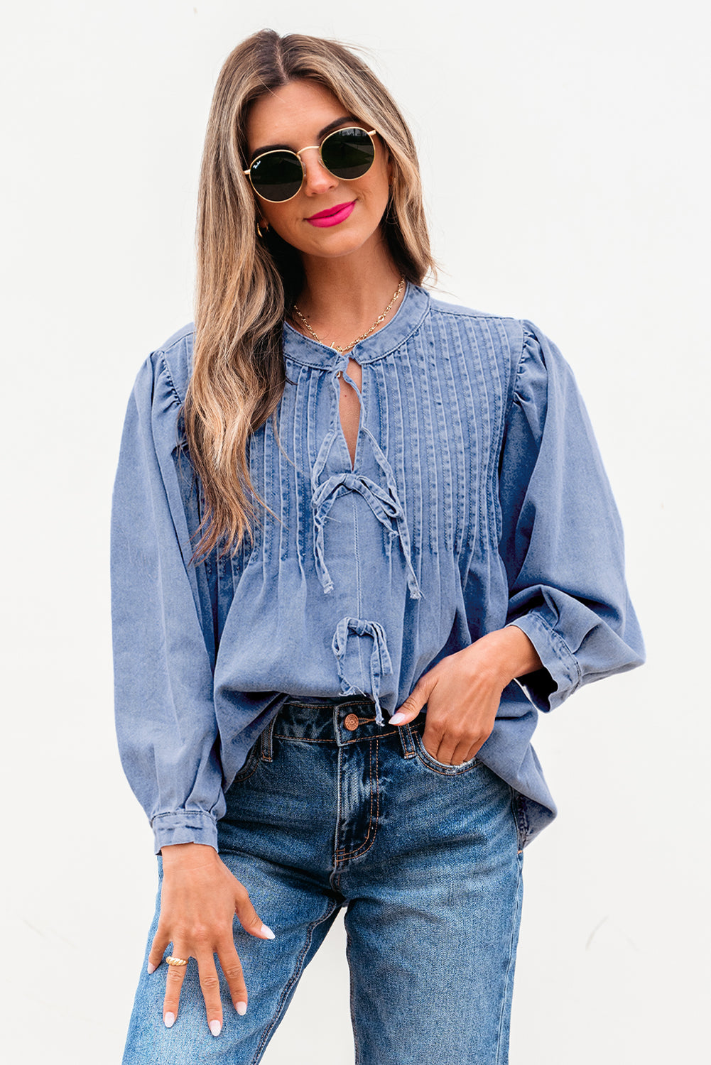 So Little Time Denim Front Bow Tie Top