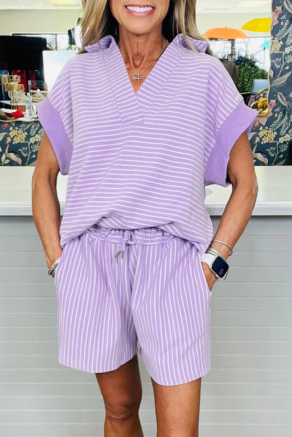Let's Do This Purple Stripe Top And Shorts Set