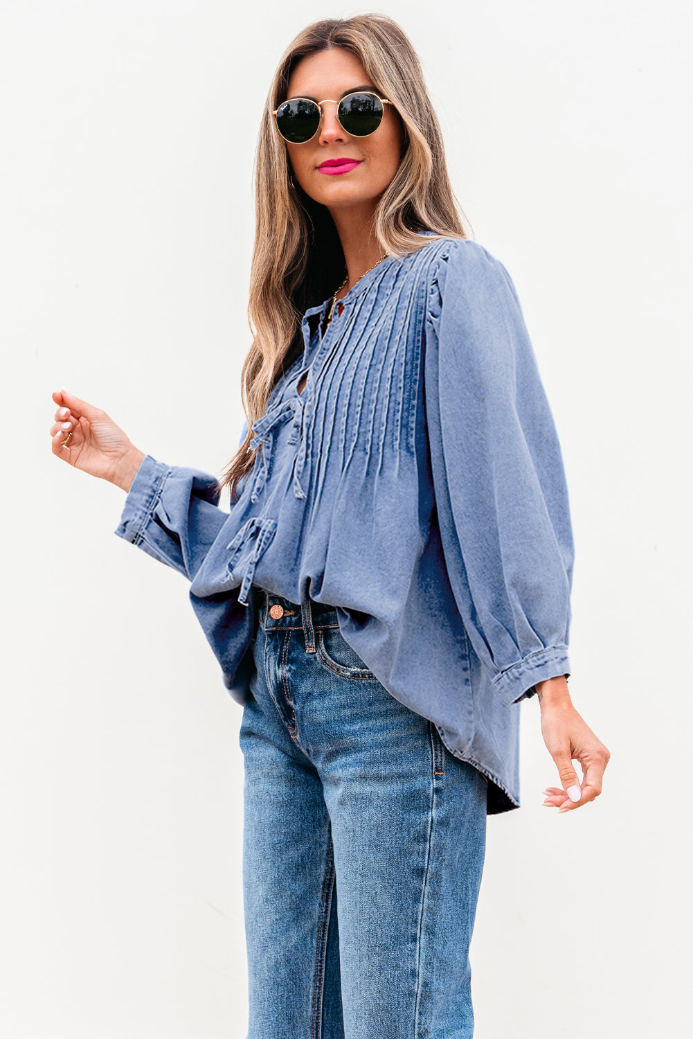 So Little Time Denim Front Bow Tie Top