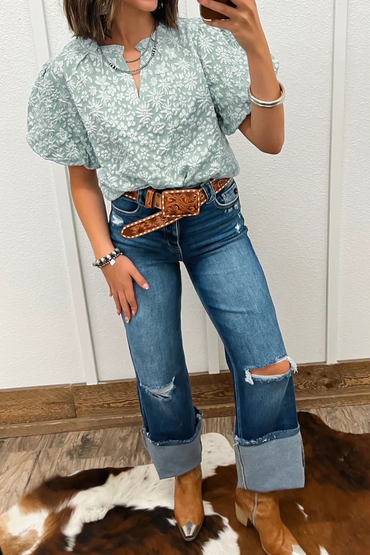 Luxe In Light Textured Jacquard Puff Sleeve Top