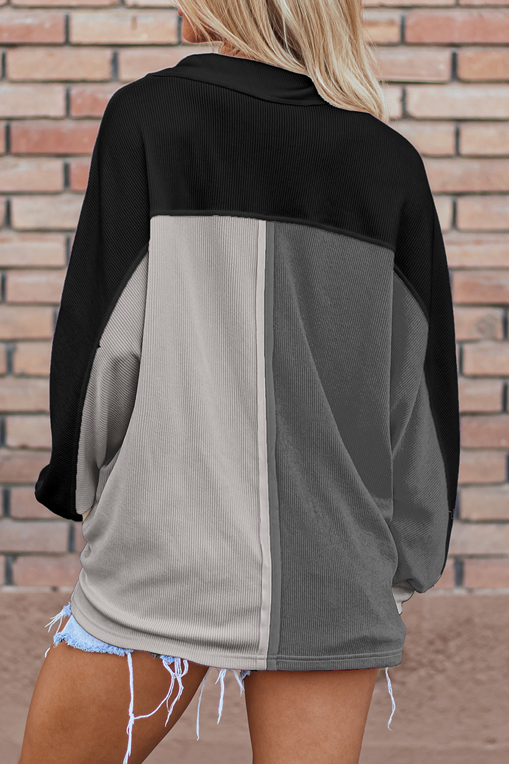 Colorblock Crush Ribbed Collared Oversized Top