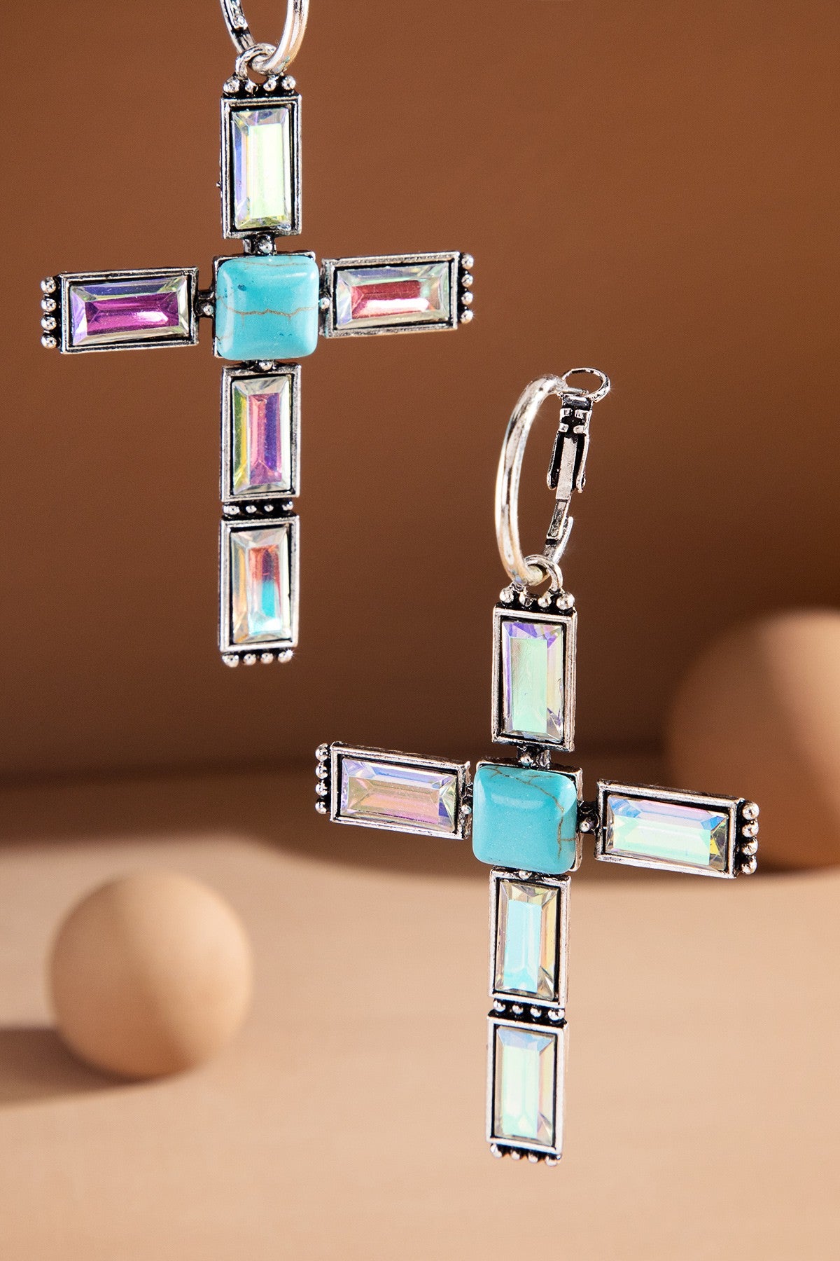 Turquoise AB Crystal Bar Stone Cross Earrings - E058TU