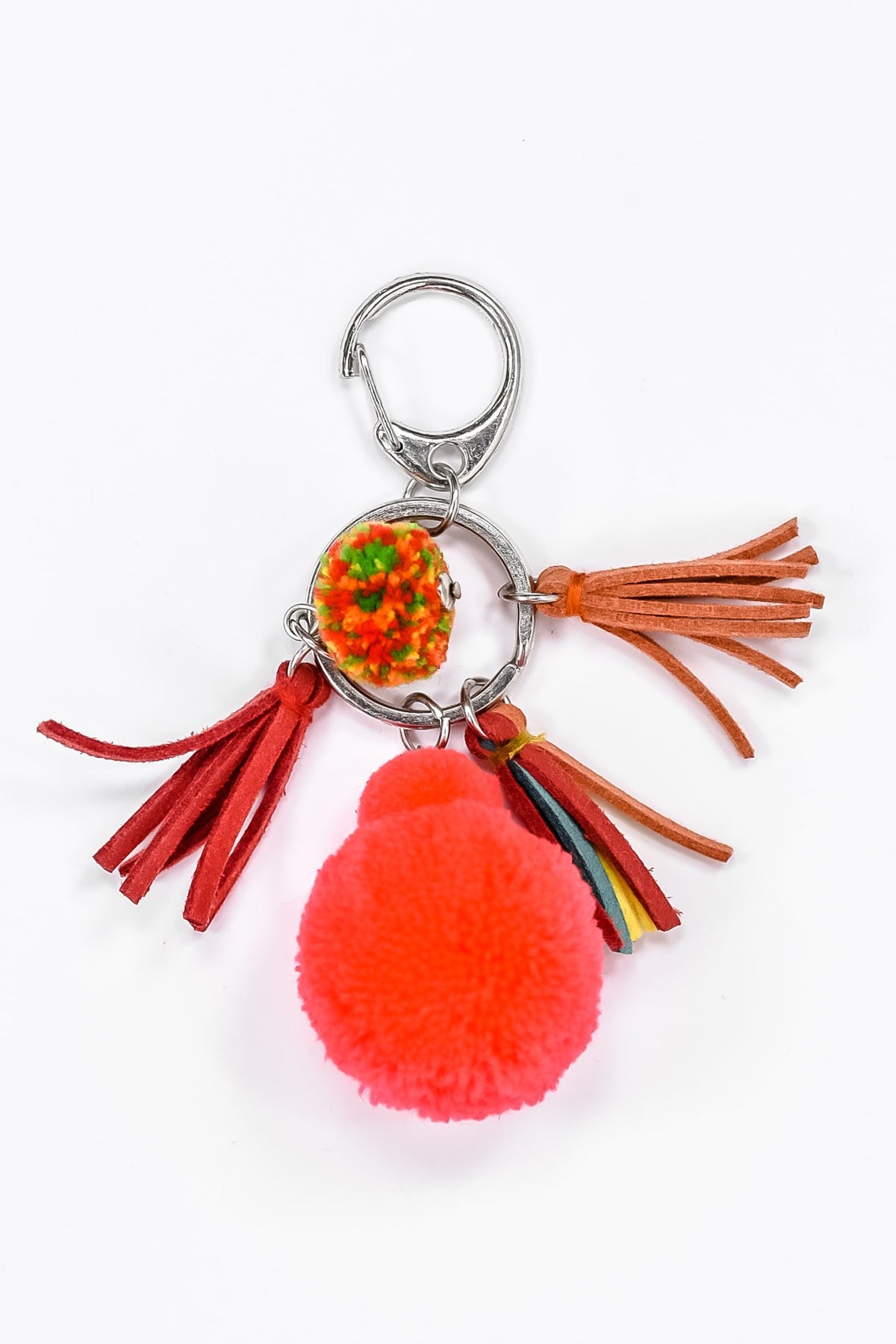 Pink Pom Pom/Multi Leather Tassel Keychain - KEY1064PK