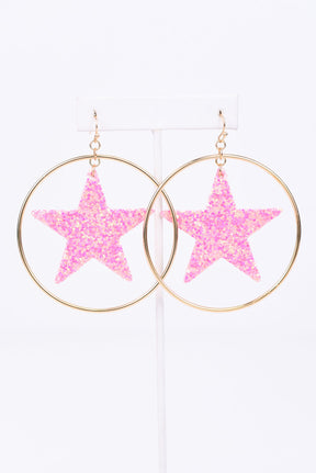 Pink Glitter Star Gold Hoop Earrings - EAR2614PK