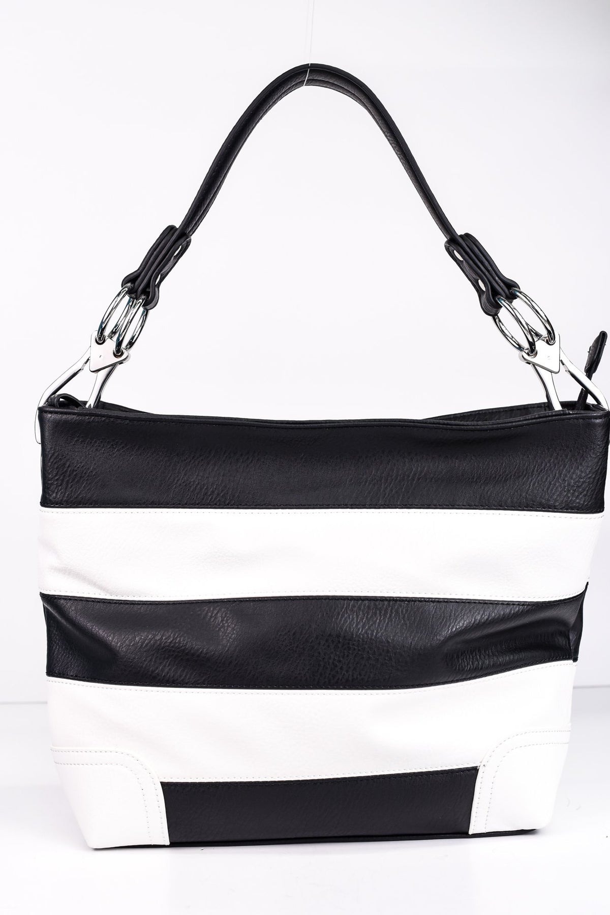 In Line With Style Black/White Striped Bag - BAG1333BK