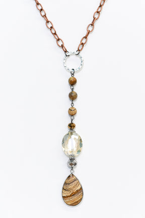 Silver/Bronze Chain/Crystal/Jasper Teardrop Pendant Necklace - NEK3441SI