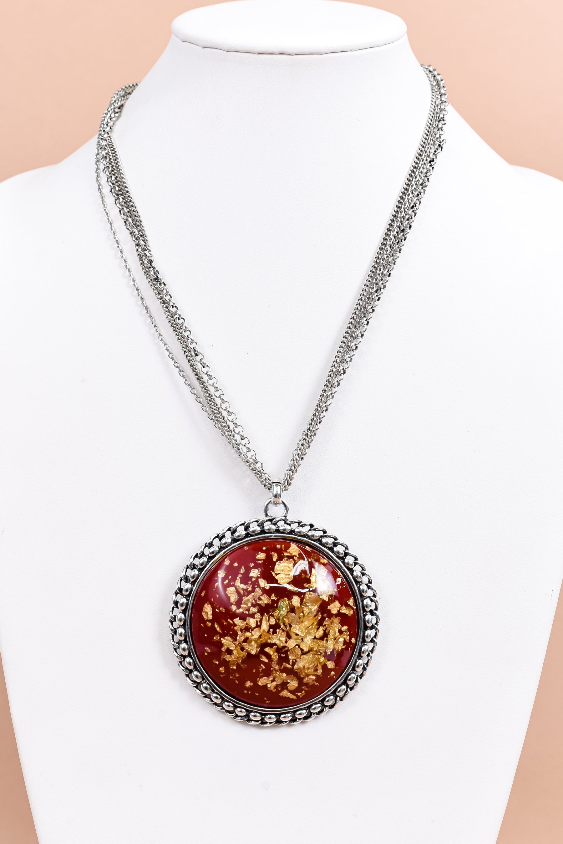Silver/Red/Gold/Layered/Resin Circle Pendant Necklace - NEK3903RD
