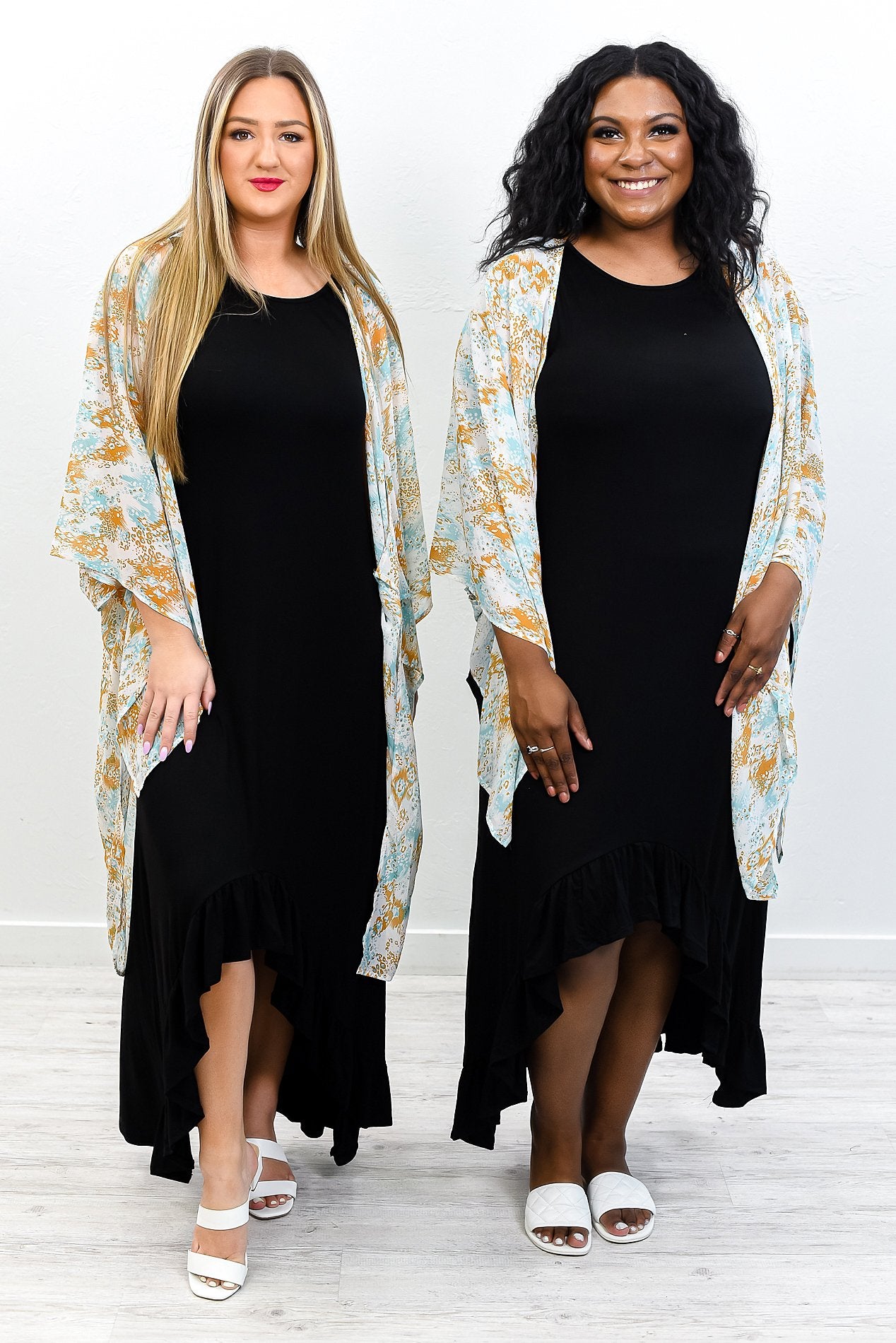Triple Threat Diva Aqua/Ivory/Mustard Printed Kimono - O3168AQ