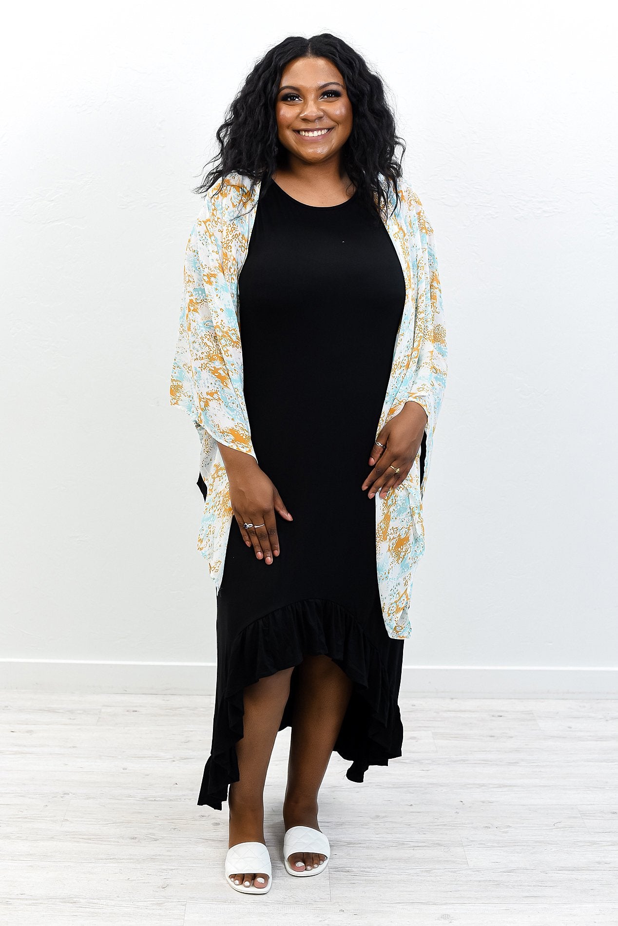 Triple Threat Diva Aqua/Ivory/Mustard Printed Kimono - O3168AQ