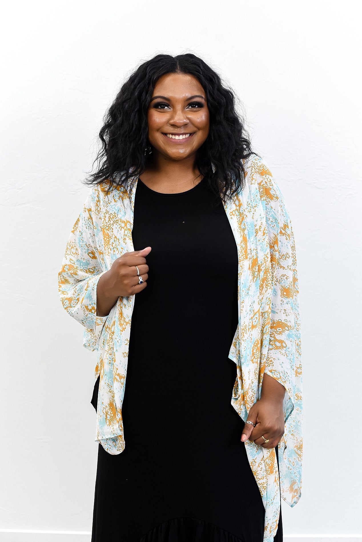 Triple Threat Diva Aqua/Ivory/Mustard Printed Kimono - O3168AQ