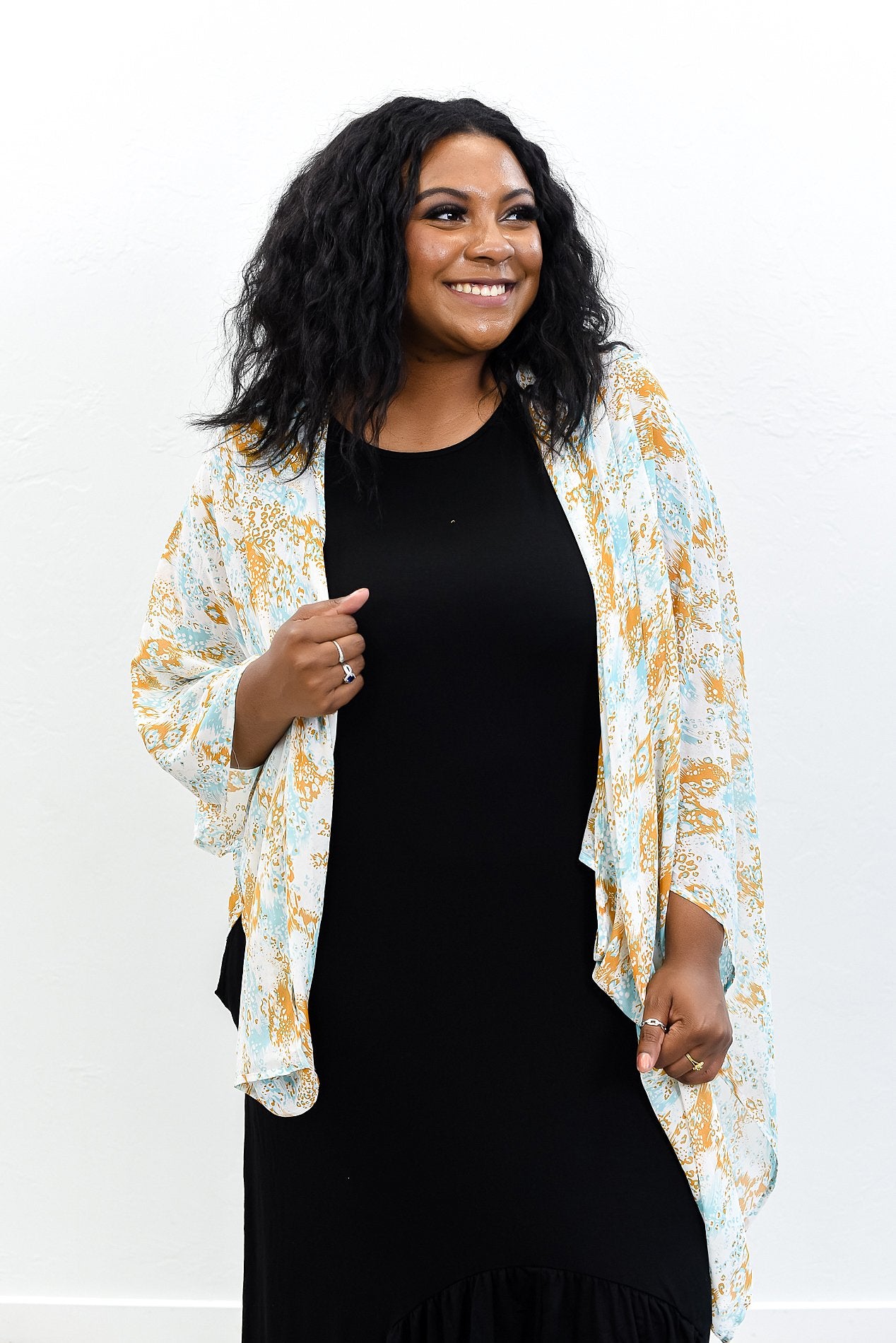 Triple Threat Diva Aqua/Ivory/Mustard Printed Kimono - O3168AQ