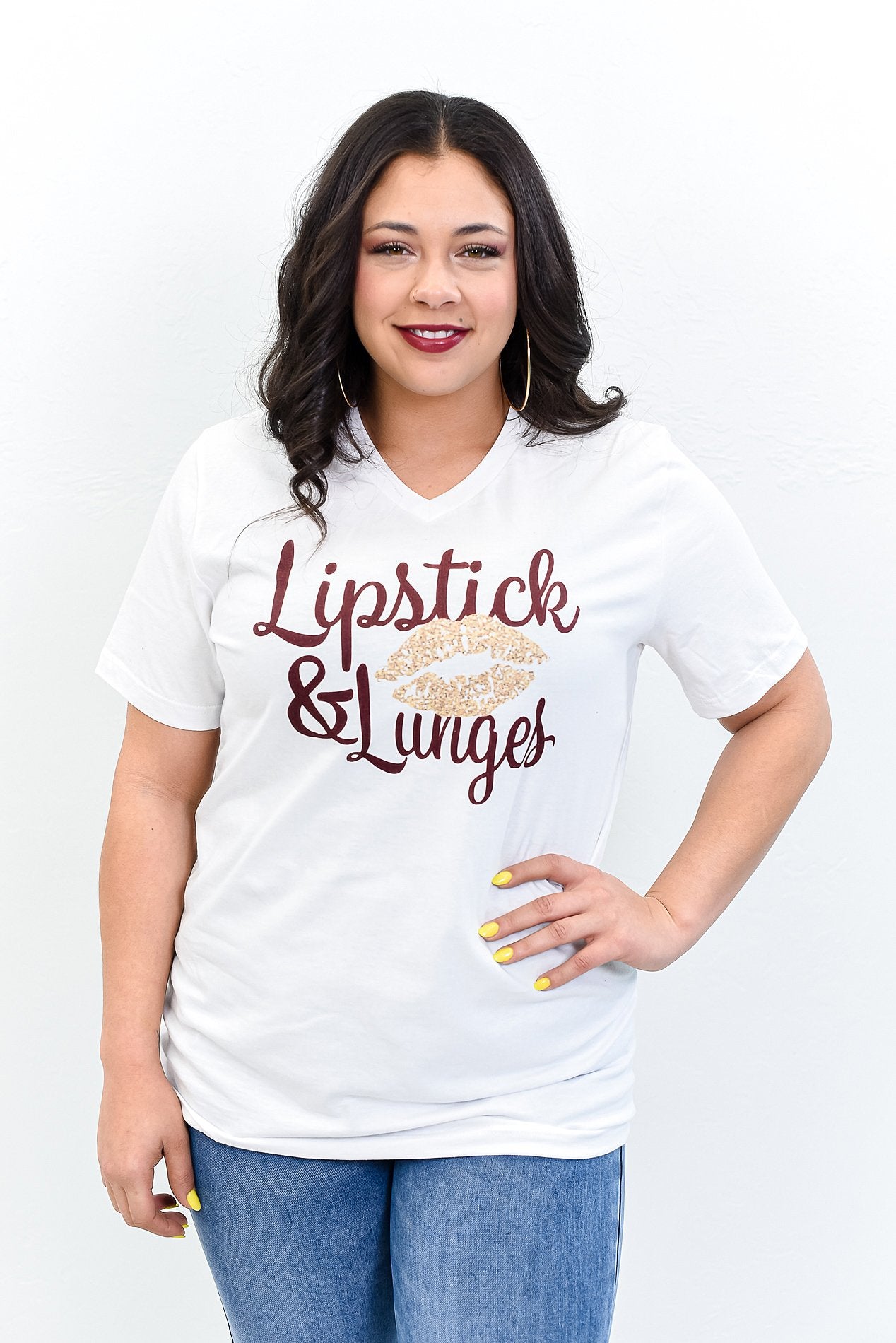 Lipstick And Lunges White V Neck Graphic Tee - A1162WH