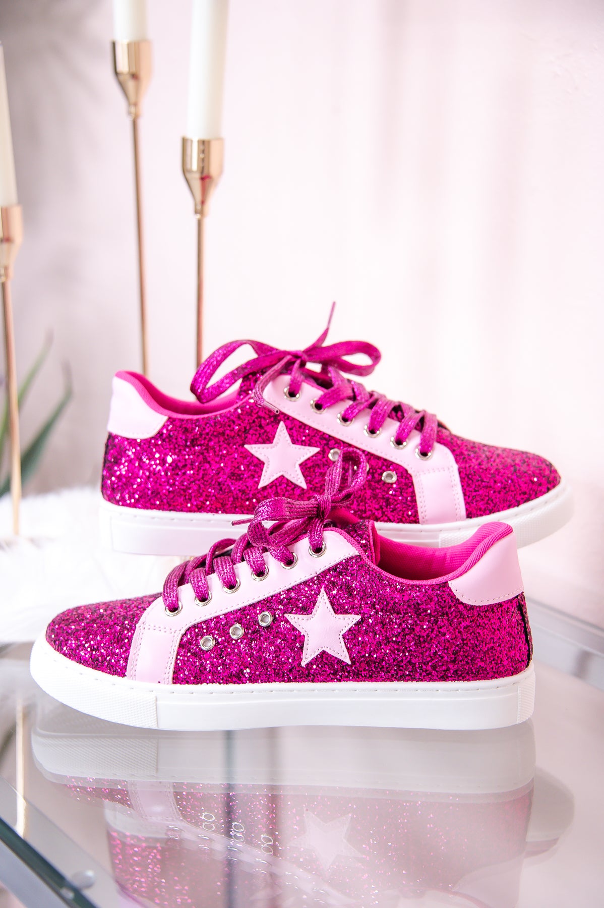 on The Right Path Fuchsia/Light Pink Star/Glitter Sneakers - SHO2571FU 6
