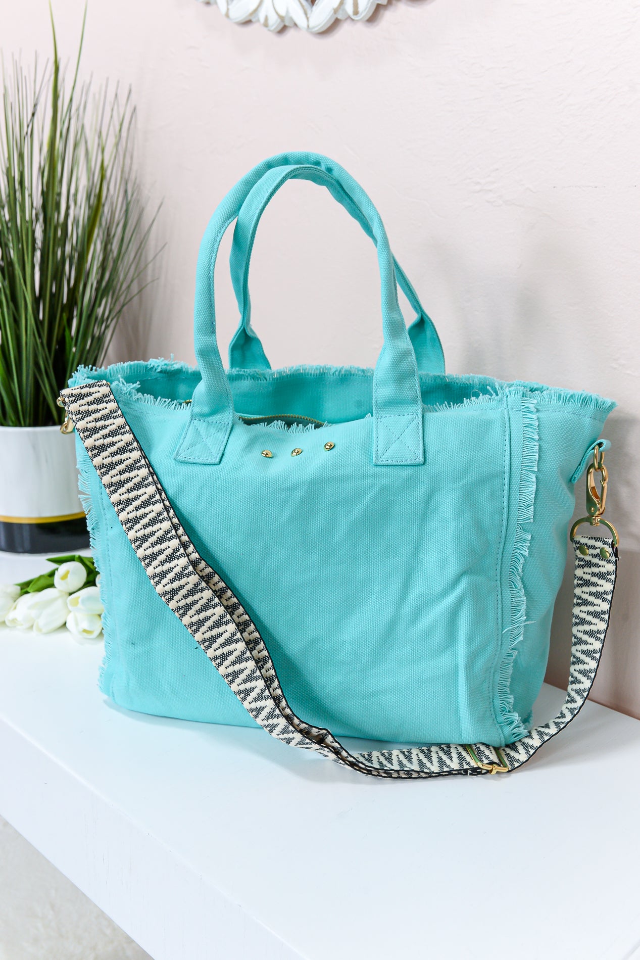 Not Over The Drama Turquoise/Gold Frayed Bag - BAG1735TU