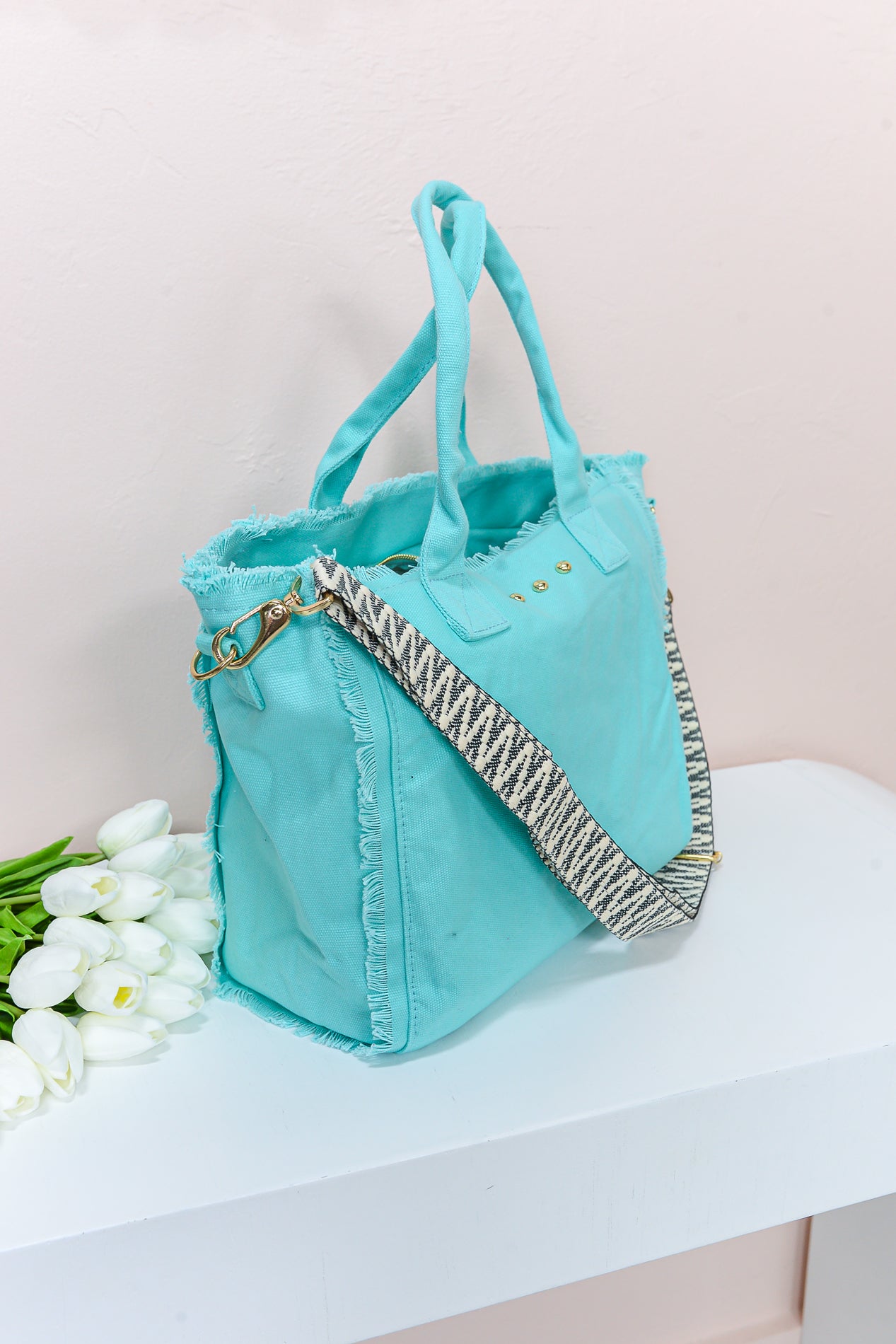 Not Over The Drama Turquoise/Gold Frayed Bag - BAG1735TU