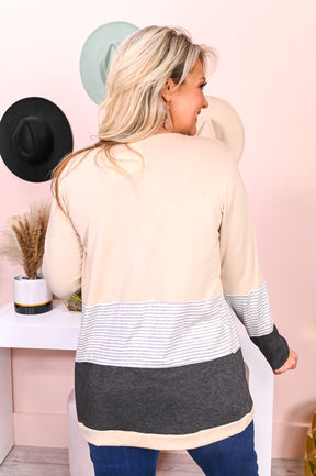 Obsessed With You Khaki/White/Charcoal Gray Striped/Colorblock Cardigan - O4480KH