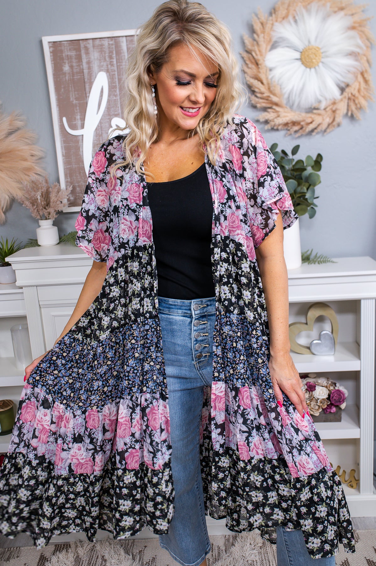 One With Nature Black/Multi Color Floral Sheer Kimono - O4620BK