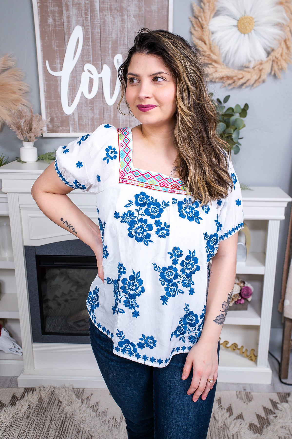 Status Update Ivory/Multi Color Floral Embroidered Top - T6496IV