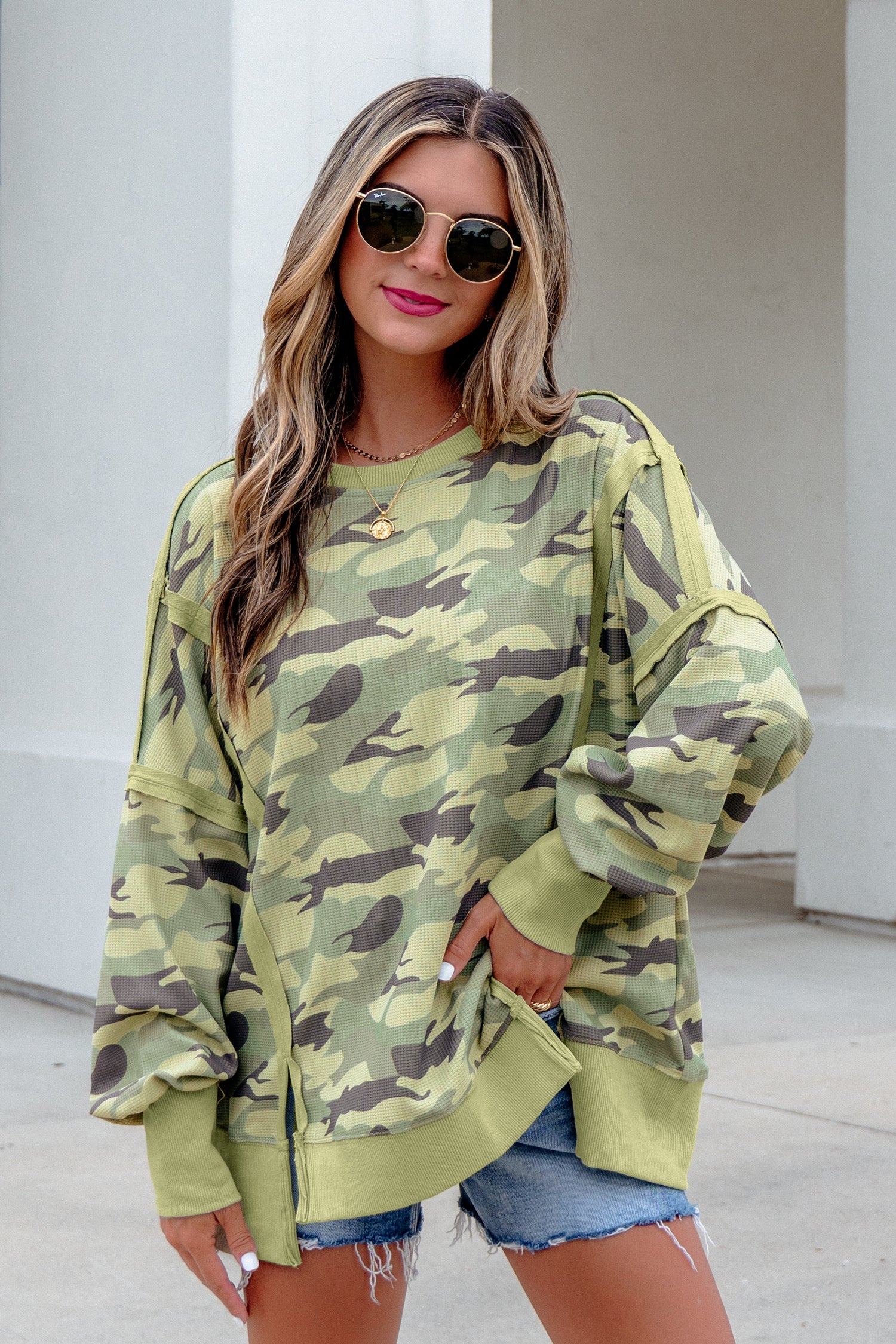 Hidden Agenda Camouflage Waffle Knit Top