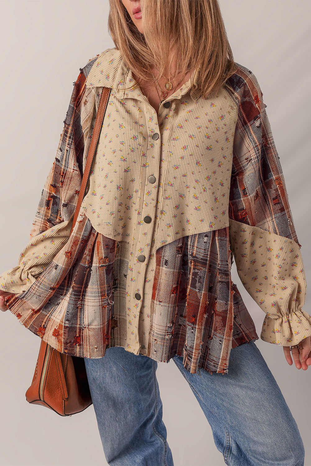Simply Boho Blue Plaid Patchwork Distressed Waffle Knit Shacket