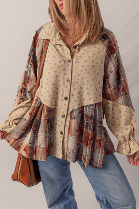 Simply Boho Blue Plaid Patchwork Distressed Waffle Knit Shacket