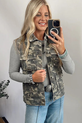 Now you see me Now you Don't -Green Camo Cargo Denim Vest
