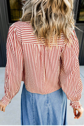Crimson And Cream Stripe Ruffle Top