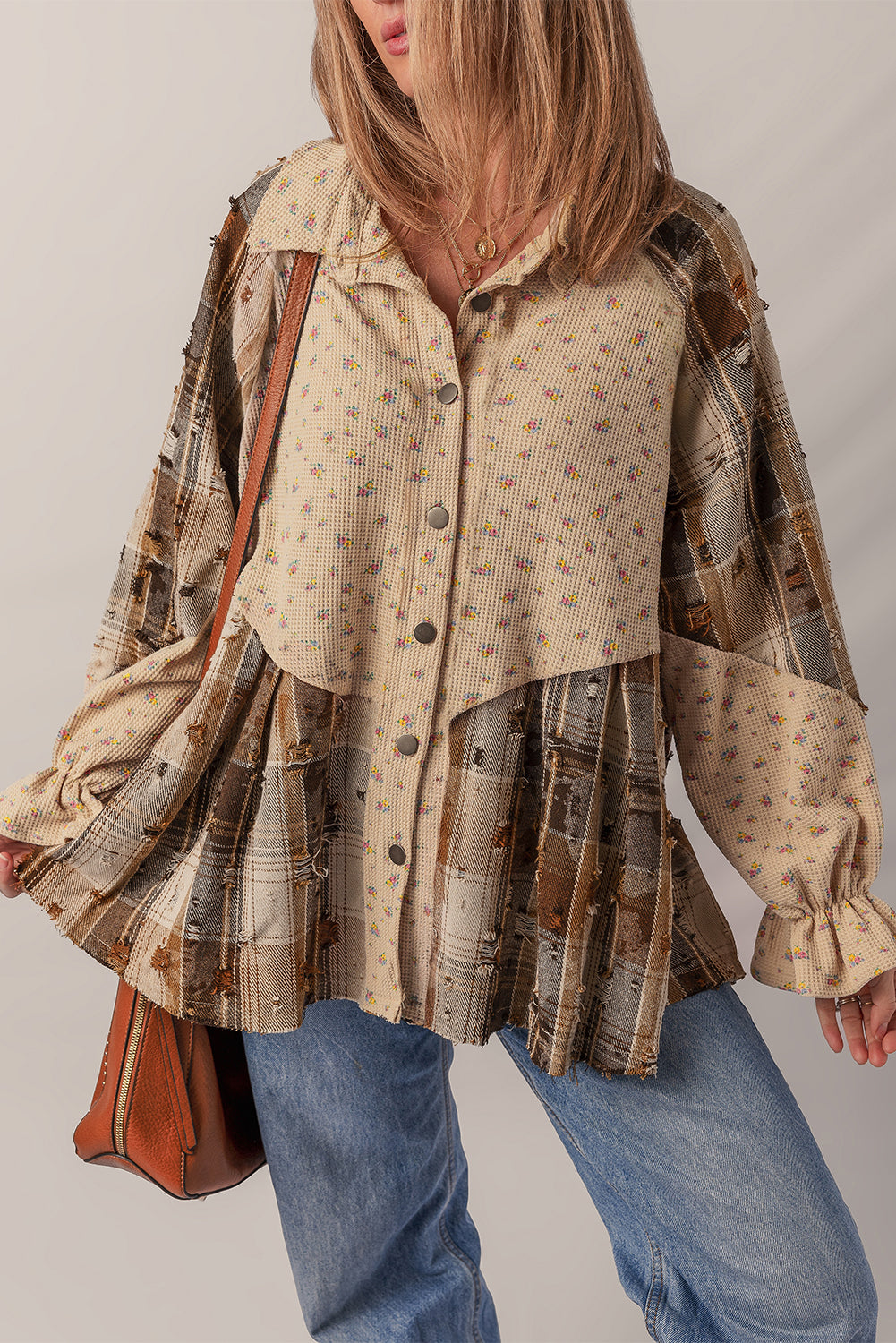 Simply Boho Oatmeal Plaid Patchwork Distressed Waffle Knit Shacket