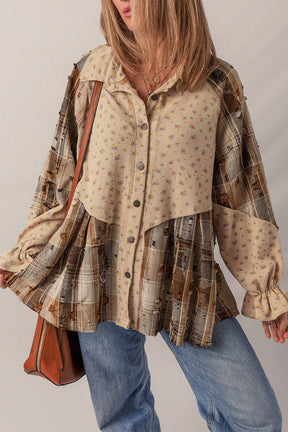 Simply Boho Oatmeal Plaid Patchwork Distressed Waffle Knit Shacket