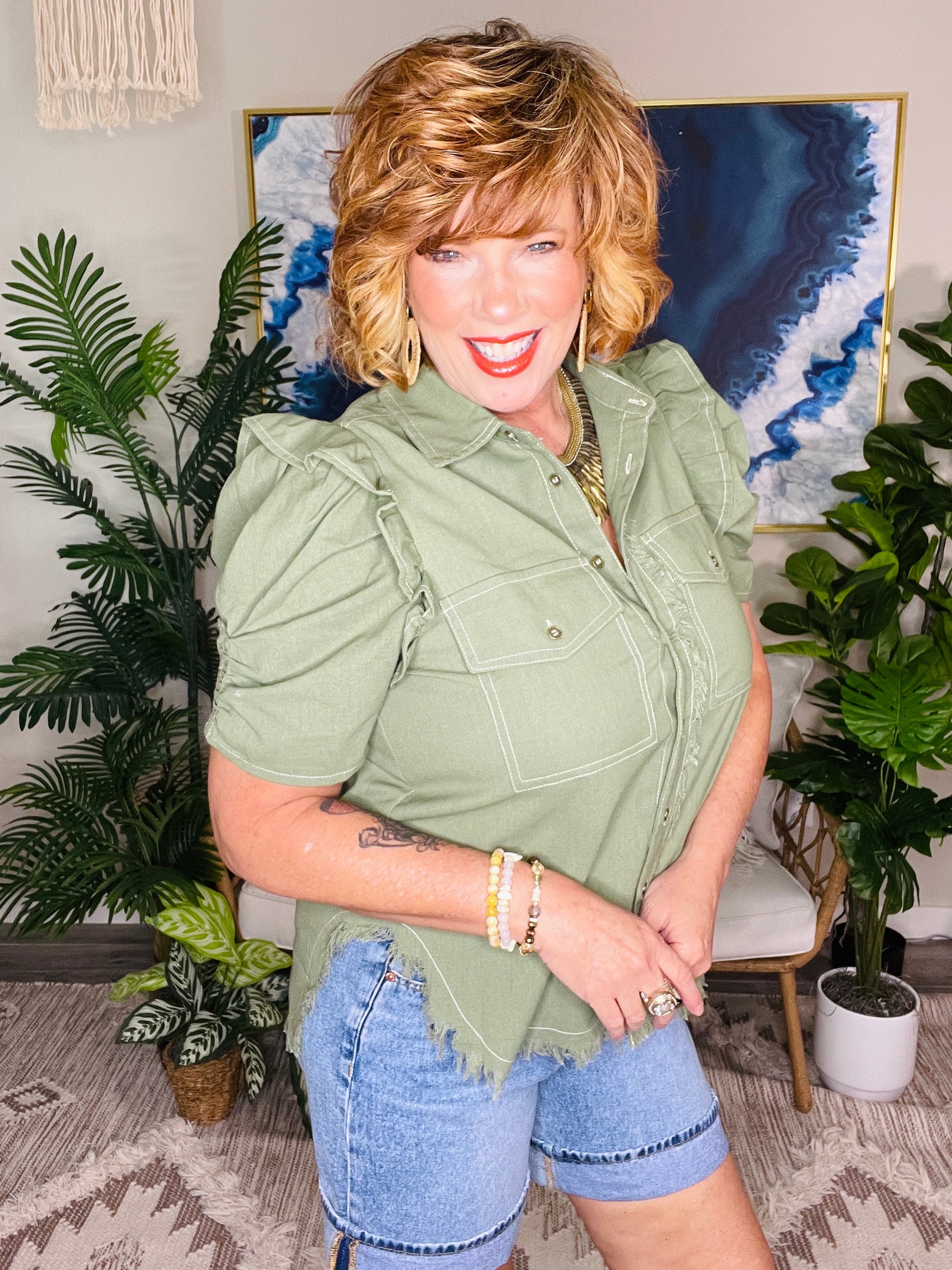 Down Home Darling Olive Top - S865OL