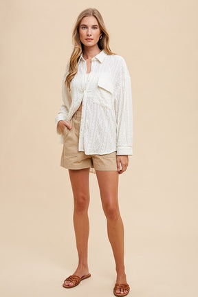 Basic Beauty Openwork Button Down Drop Shoulder Shirt