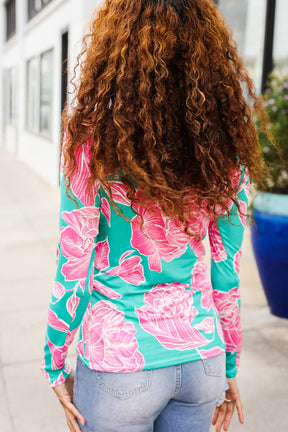 Find Love Aqua/Pink Fitted Floral Print Buttery Soft Knit Top - T11176AQ