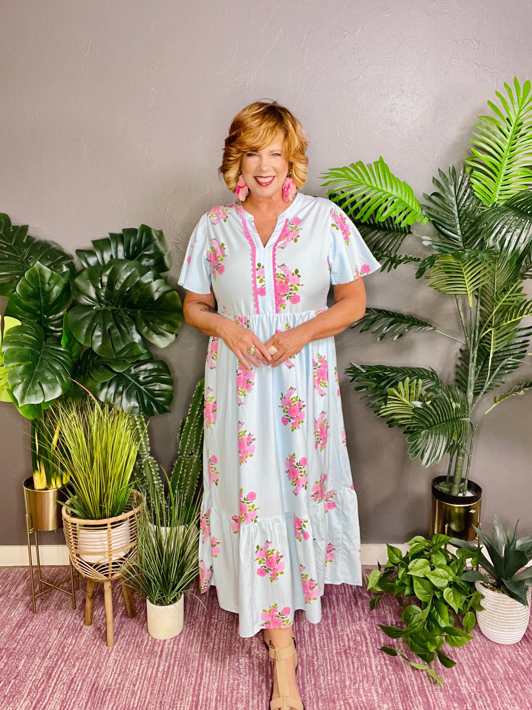 Resort Getaway Sky Blue Floral Print Maxi Dress