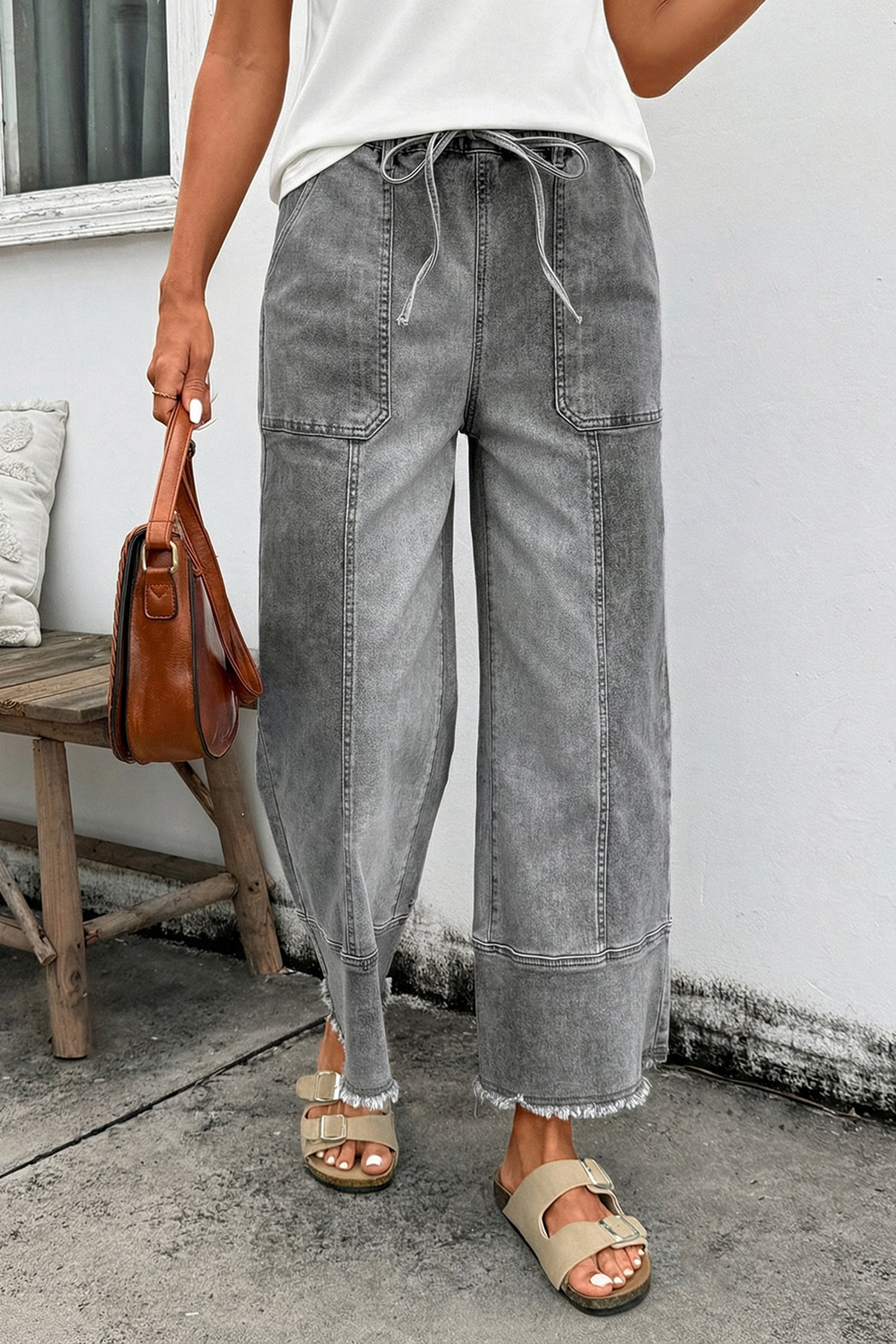 Worth Your While Gray Drawstring Wide Leg Denim Pant