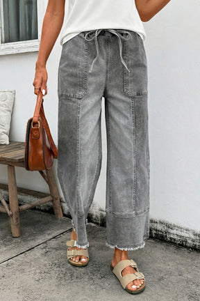 Worth Your While Gray Drawstring Wide Leg Denim Pant