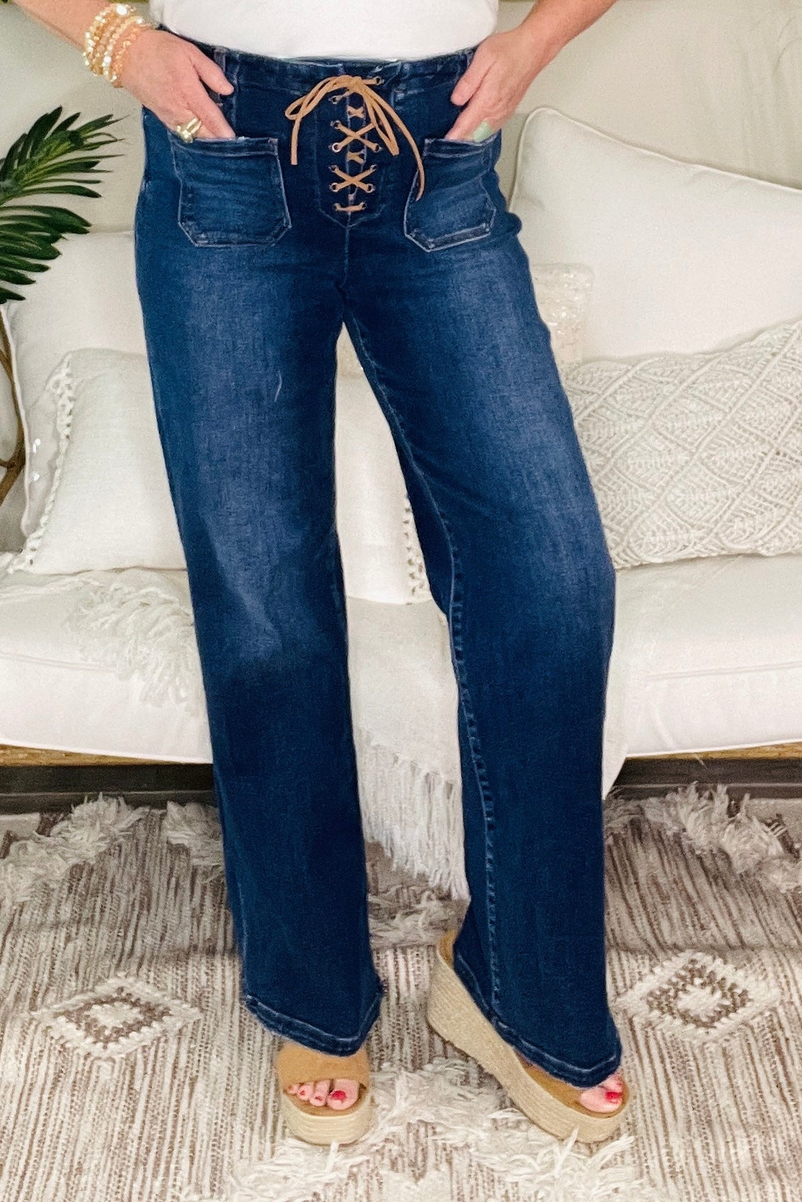 Delilah High Rise Wide Leg Jeans with Front Tie Detail